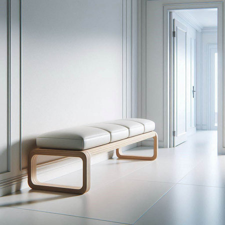 Interior of a room with a white wall and a wooden bench