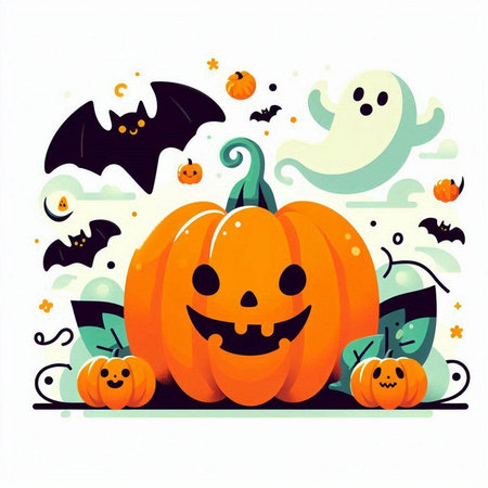 Halloween pumpkins and bats on white background. Vector illustration.のイラスト素材