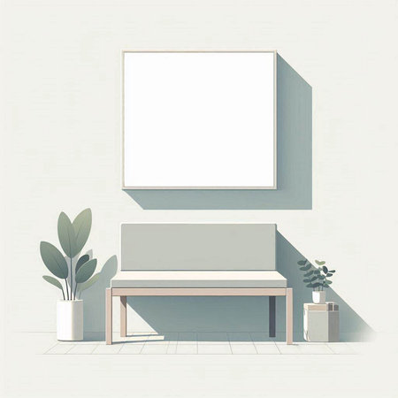 Illustration of a modern interior with a bench and a picture frameのイラスト素材