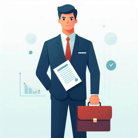 Businessman with briefcase and document in hands. Vector illustration.のイラスト素材
