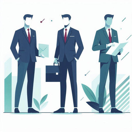 Vector illustration of two businessmen standing in front of a city map.のイラスト素材