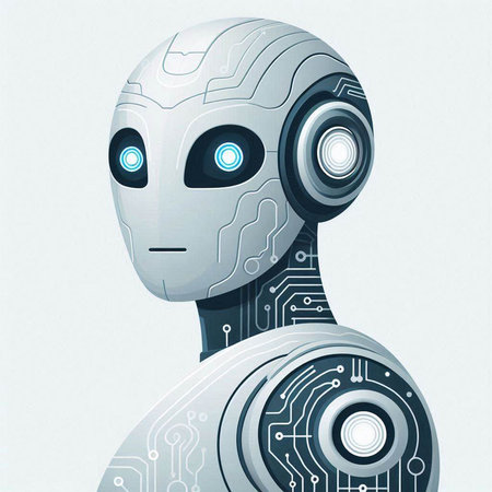 Artificial intelligence concept with humanoid robot and circuit board. Vector illustration.のイラスト素材