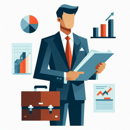 Businessman with a briefcase and documents. Vector illustration in flat styleのイラスト素材