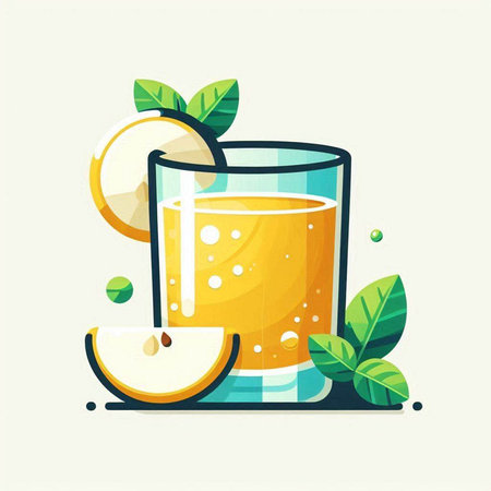 Orange juice in a glass with orange slices and green leaves. Vector illustration.のイラスト素材