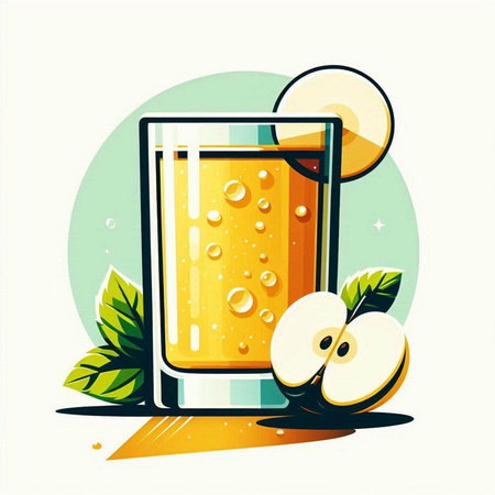 glass of fresh apple juice with sliced apple and green leaves, vector illustrationのイラスト素材