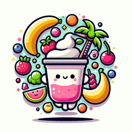 Funny milkshake with fruits and berries. Vector illustration.のイラスト素材