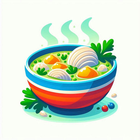 Bowl of soup with meatballs and vegetables, vector illustration.のイラスト素材