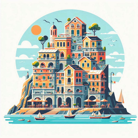 Houses on the coast of the sea. Vector illustration in retro styleのイラスト素材