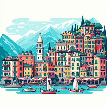 Colorful buildings on the shore of Lake Garda, Italy.のイラスト素材