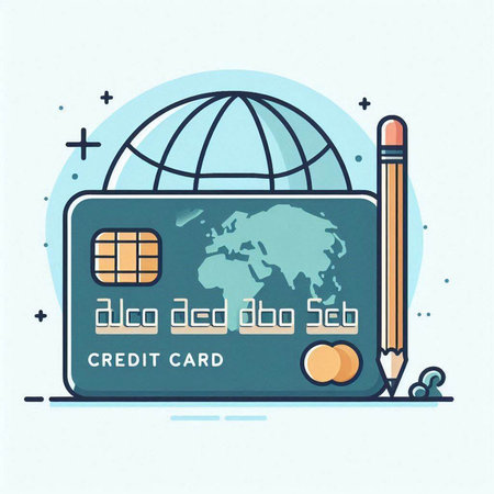 Credit card with pencil and globe. Vector illustration in flat style.