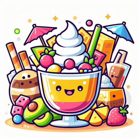 Cute cartoon ice cream in bowl with fruits. Vector illustration.のイラスト素材