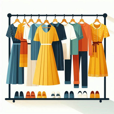 Women's clothing on hangers in the store. Vector illustration.のイラスト素材