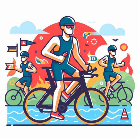 Cyclists on the road. Vector illustration in flat style.のイラスト素材