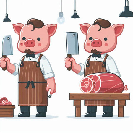Pig butcher with meat and knife in cartoon style. Vector illustration.のイラスト素材