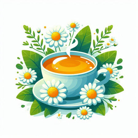 Cup of tea with chamomile flowers and leaves. Vector illustration.のイラスト素材