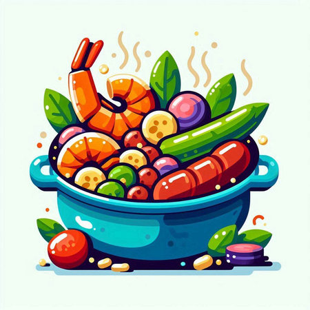 Vector illustration of a bowl with shrimps, vegetables and spicesのイラスト素材