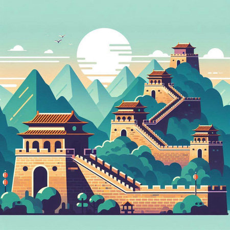 Ancient Chinese fortress on the background of the mountains. Vector illustration.のイラスト素材