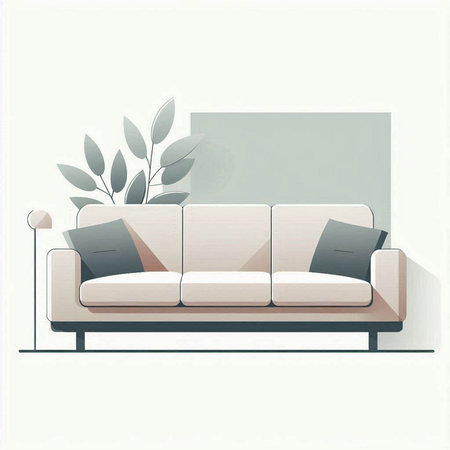 Modern living room interior with a sofa and plants. Vector illustration.のイラスト素材