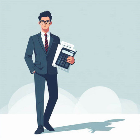 Businessman with calculator. Vector illustration in a flat style. Businessman in a suit.のイラスト素材