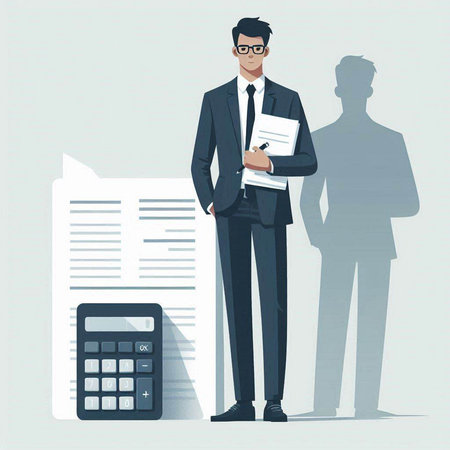 Businessman with documents and calculator. Vector illustration in flat style.のイラスト素材