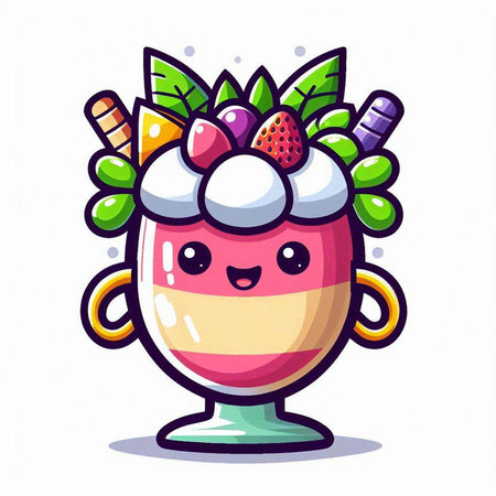 Cute cartoon ice cream sundae with whipped cream, strawberry, ice cream, waffle cone and ice creamのイラスト素材