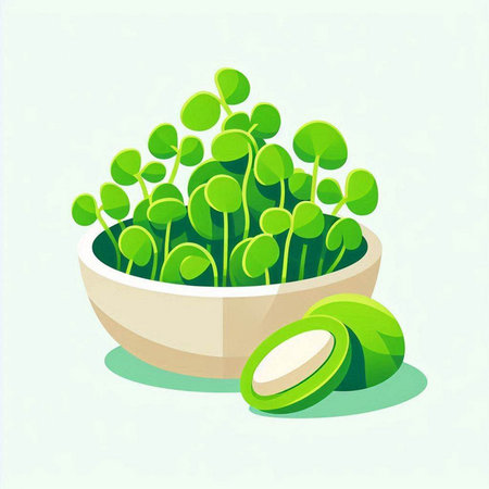 Microgreens in a bowl on a light background. Vector illustration.のイラスト素材