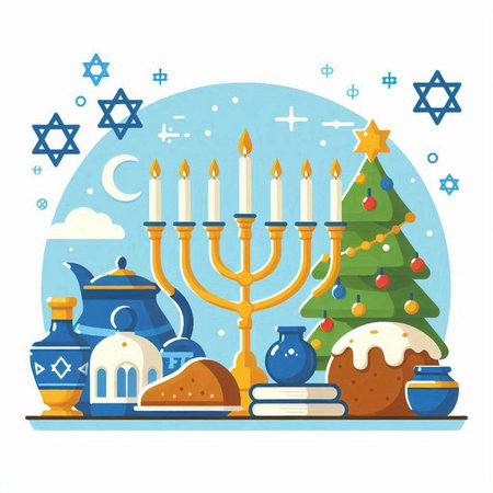 Vector illustration of Jewish holiday Hanukkah with menorah, candles, donuts, teapot and star of david.のイラスト素材