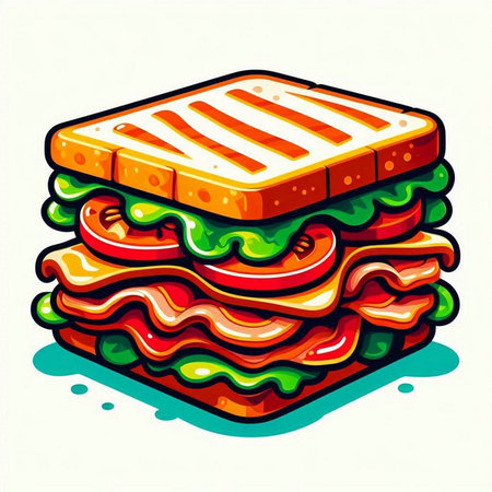 Sandwich with ham, cheese, tomato and lettuce. Vector illustration.のイラスト素材