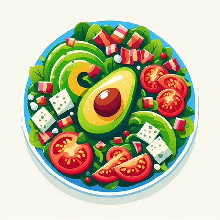 Vector illustration of a bowl of salad with avocado, tomatoes and cheeseのイラスト素材