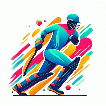 Cricket player in action with bats and ball, vector illustration.