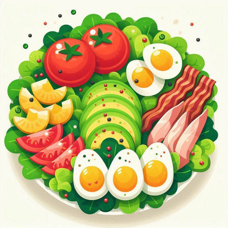 Vector illustration of a plate of salad with eggs, bacon, tomatoes and avocado.のイラスト素材