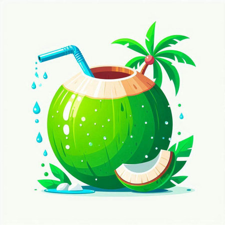 Coconut drink with straw and palm tree. Vector illustration.のイラスト素材