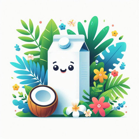 Milk carton with coconut and flowers. Vector illustration. Cartoon style.のイラスト素材
