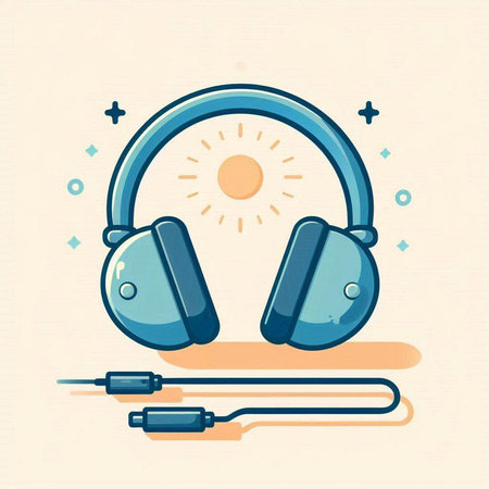 Headphones with cable and sun. Vector illustration in flat style.のイラスト素材