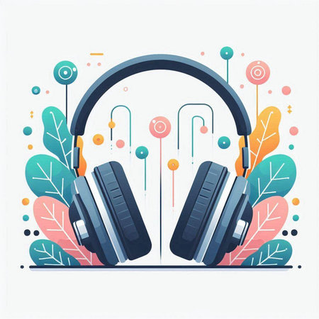 Vector illustration of headphones with abstract colorful background. Music and technology concept.のイラスト素材