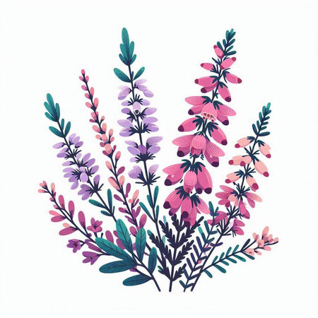 floral wreath with heather flowers and leaves vector illustration designのイラスト素材
