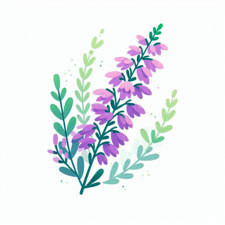 Watercolor vector illustration of purple flowers and green leaves on white backgroundのイラスト素材