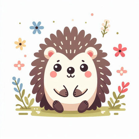 Cute hedgehog with flowers. Vector illustration in cartoon style.のイラスト素材