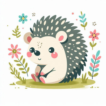 Cute hedgehog on the meadow with flowers. Vector illustration.のイラスト素材