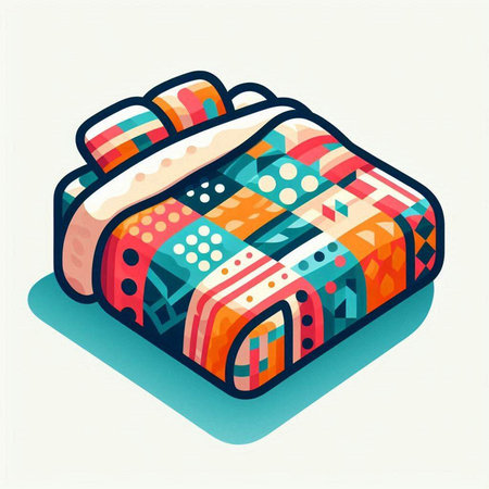 Vector isometric bed with pillows and plaids. Vector illustration.
