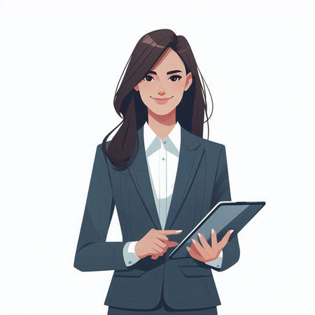 Young business woman using tablet pc. Vector illustration in cartoon style.のイラスト素材