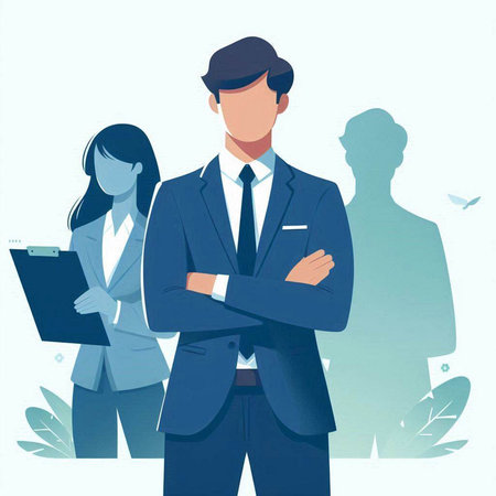 Businessman with arms crossed standing in front of his team. Vector illustration.