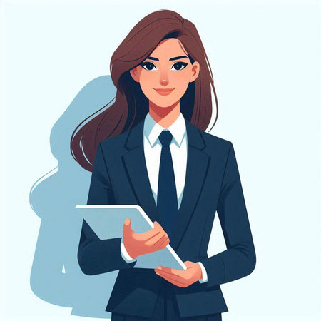 Business woman with tablet pc. Vector illustration in flat cartoon style.のイラスト素材
