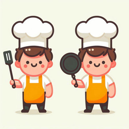 Chef boy and girl with pan and spatula vector illustration.のイラスト素材