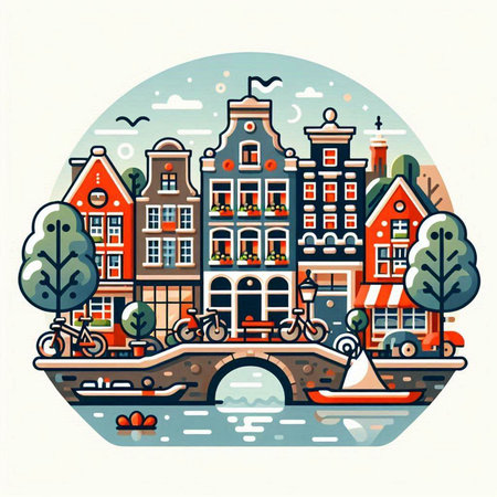 Amsterdam, Netherlands. Vector colorful hand drawn illustration in flat style.のイラスト素材