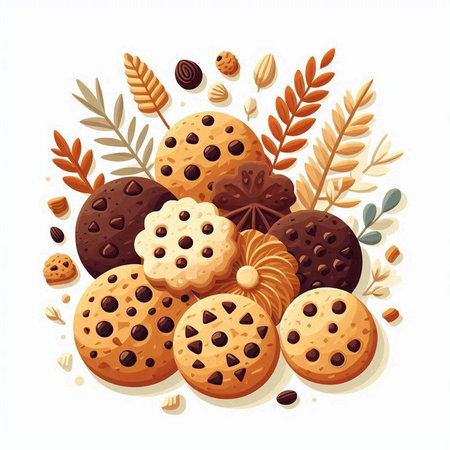 Biscuits vector illustration. Chocolate chip cookies, oatmeal cookies, chocolate cookies, oatmeal cookies.のイラスト素材