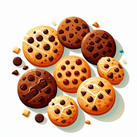 Chocolate chip cookies on a white background. Vector cartoon illustration.のイラスト素材