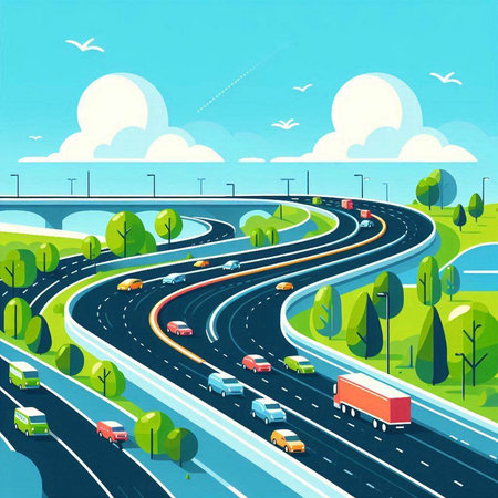 Illustration of the highway with cars on the highway. Vector illustration