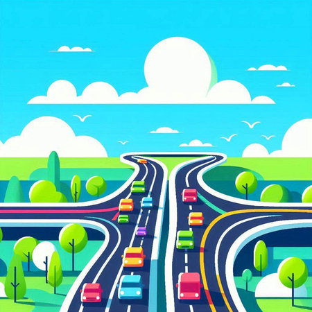 Road in the countryside. Cars on the road. Vector illustration.のイラスト素材