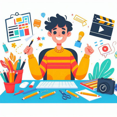 Vector illustration of a young man working at his desk. Flat style.のイラスト素材